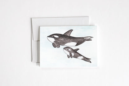 Orca Whale Card | handmade watercolour card | killer whale card | new mom card | new dad card | baby whale card | baby animals | cute card