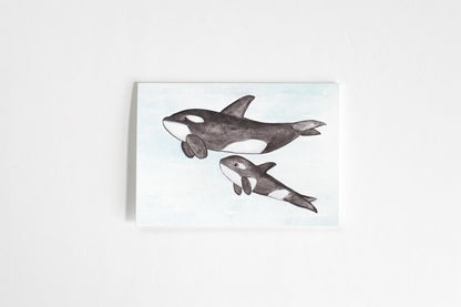 Orca Whale Card | handmade watercolour card | killer whale card | new mom card | new dad card | baby whale card | baby animals | cute card