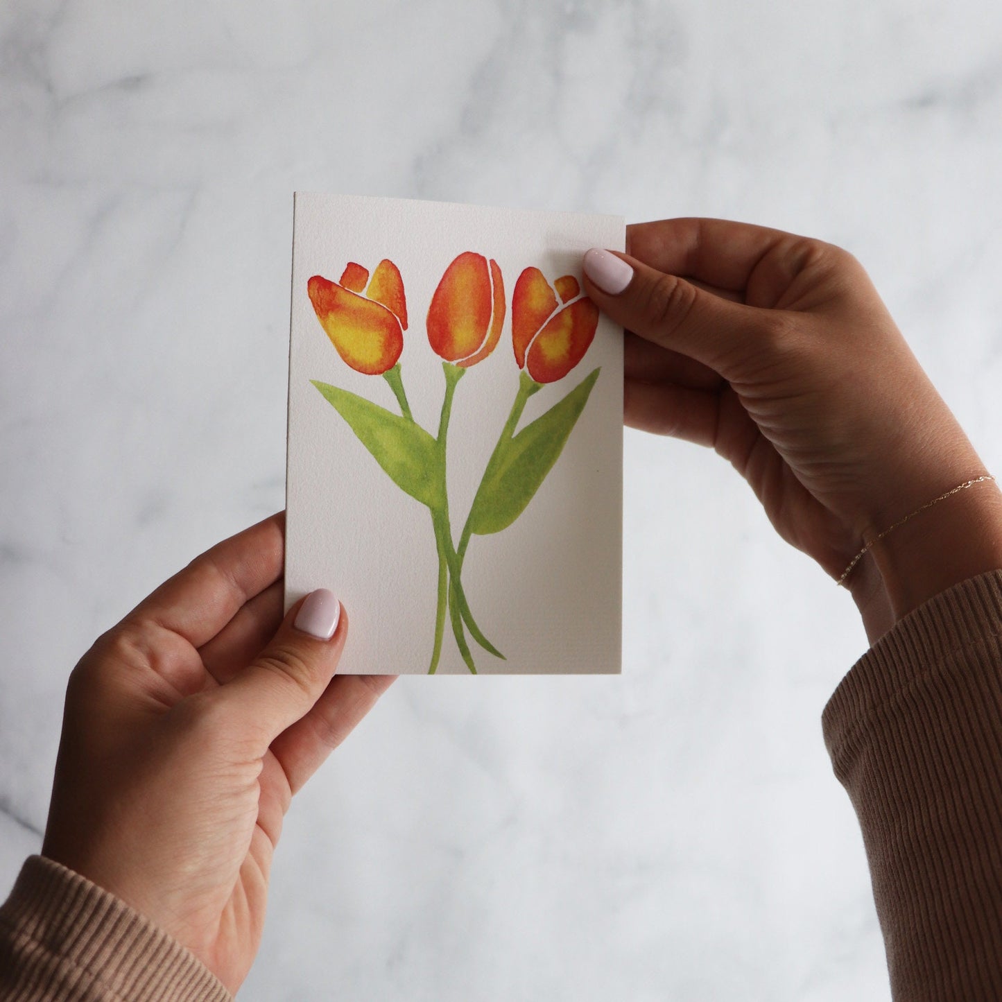 Blank Watercolour Tulips Greeting Card | handmade floral painted card with envelope | floral card for mom | minimal aesthetic card